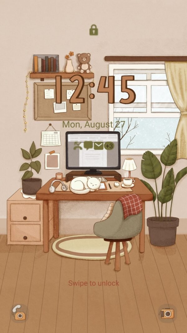 Samsung Themes: ❤️Mun❤️ Cozy Desk Space ~❤️ Premium Theme with lazy cat in warm and peaceful work-from-home setup - Image 2