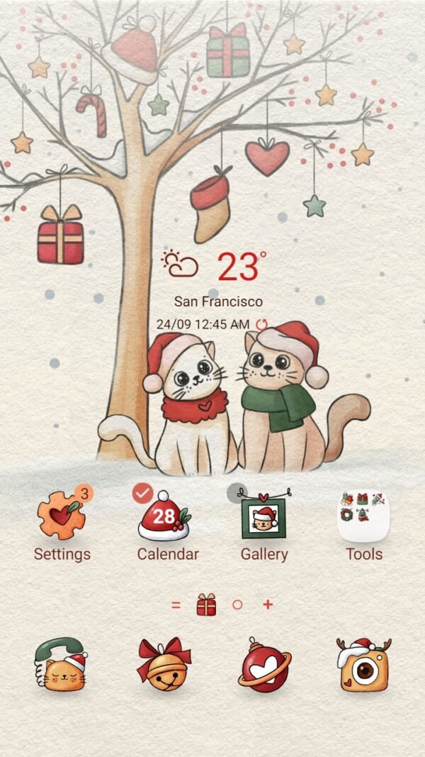 Samsung Themes: ❤️Mun❤️ Warm Cat Couple ~❤️ Premium Theme cozy Christmas with a warm cat couple under falling snow