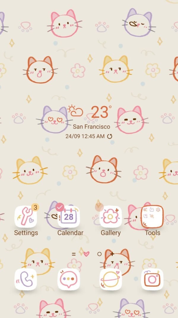 Samsung Themes: [Sim] Cat Line ~ Premium Theme simple wallpaper with lined cat icons