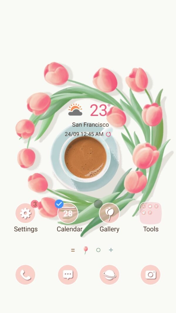Samsung Themes: [Sim] Cup of Coffee ~ Premium Animated Theme & Sound Pack relax with a cup of coffee and tulips