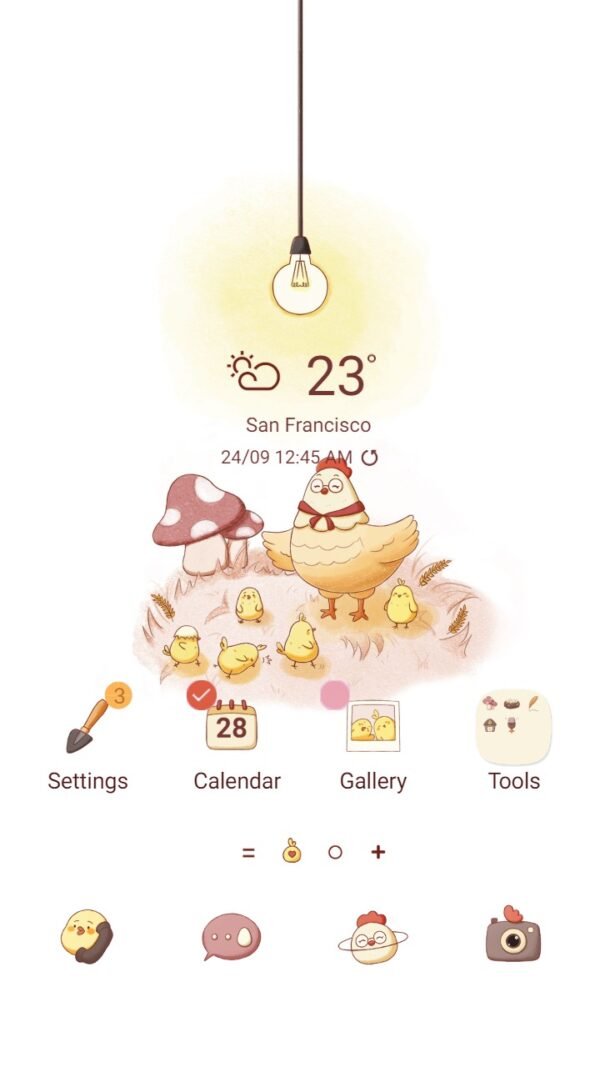 Samsung Themes: [Sim] Cheerful Chickens ~ Premium Theme featuring a playful flock of chickens