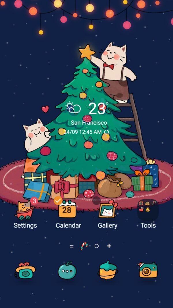 Samsung Themes: ❤️Mun❤️ Merry Catmas ~❤️ Premium Theme cats decorating a Christmas tree