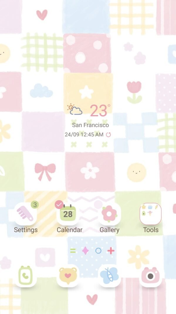 Samsung Themes: ❤️Mun❤️ Patchwork Pastels ~❤️ Premium Theme soft pastel patchwork pattern with playful icons for a cheerful