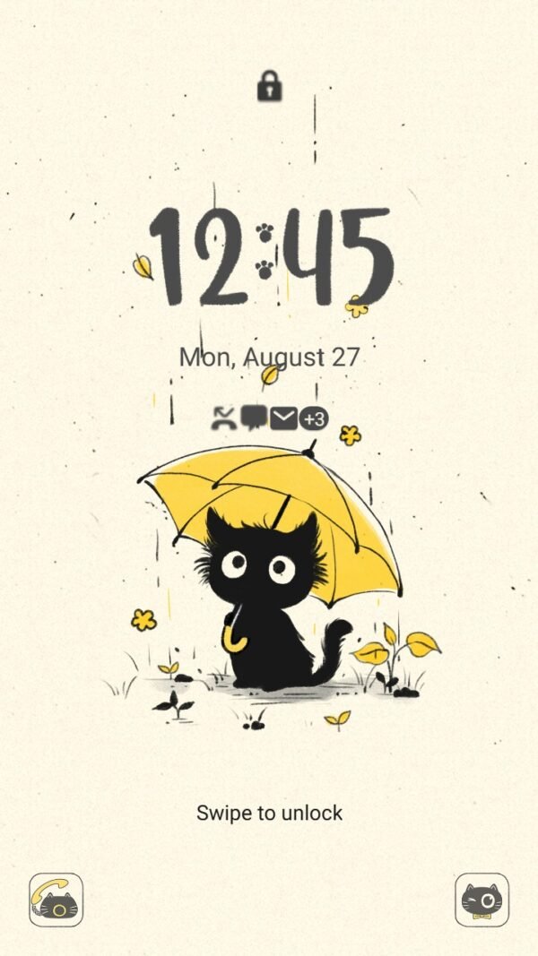 Samsung Themes: ❤️Mun❤️ Rainy Cat Dreams ~❤️ Premium Theme black cat finds warmth under a yellow umbrella - Image 2