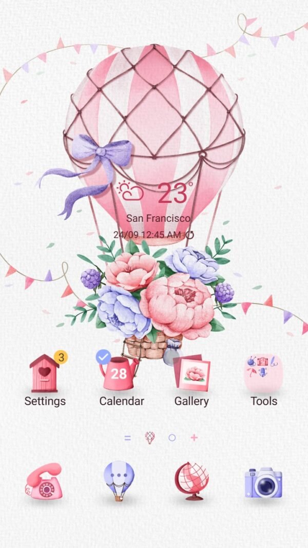 Samsung Themes: ❤️Mun❤️ Floral Hot Air Escape ~❤️ Premium Theme soar to dreamy heights with a floral-adorned hot air balloon