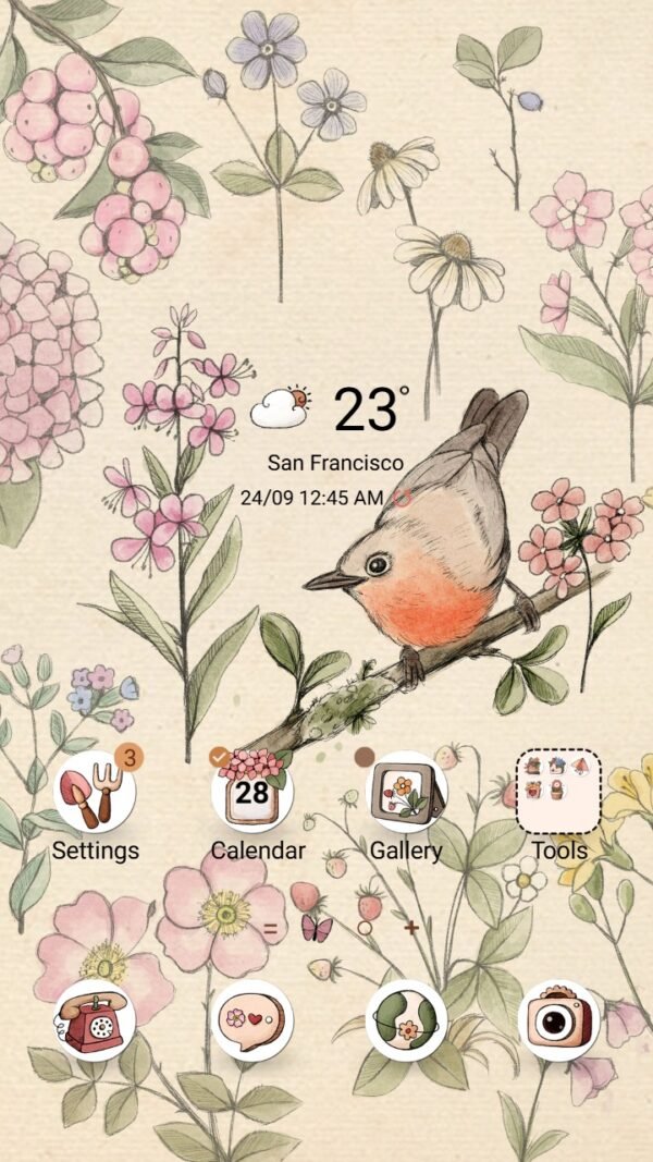 Samsung Themes: ❤️Mun❤️ Sketch Garden ~❤️ Premium Theme gentle sketch of flowers and a vibrant songbird