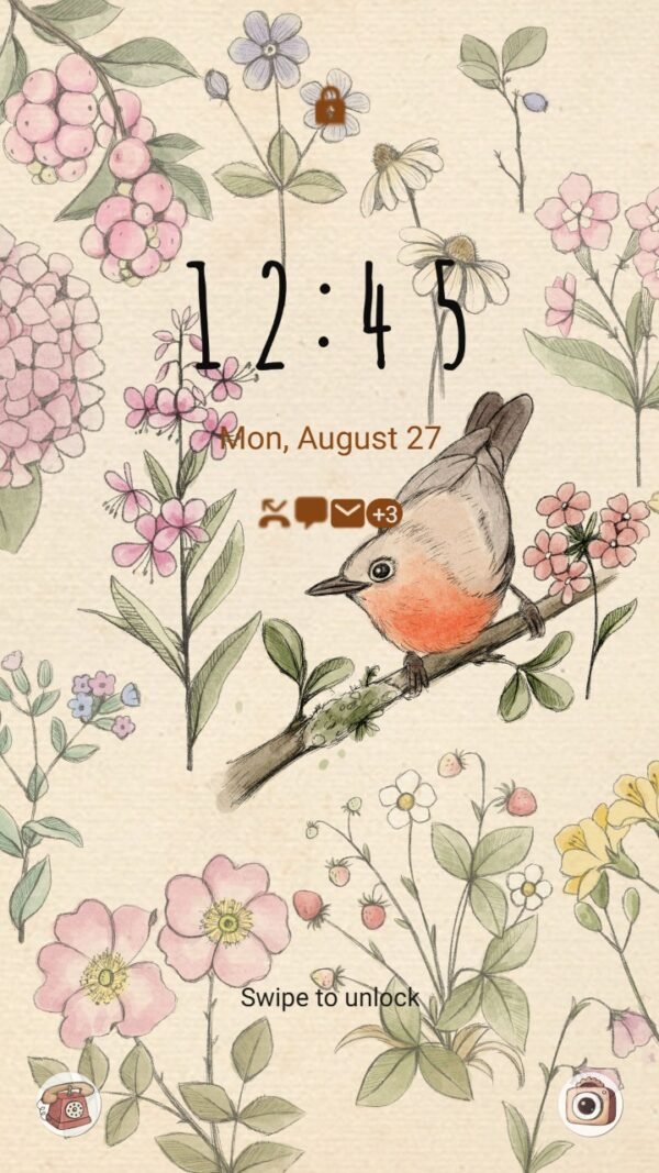 Samsung Themes: ❤️Mun❤️ Sketch Garden ~❤️ Premium Theme gentle sketch of flowers and a vibrant songbird - Image 2