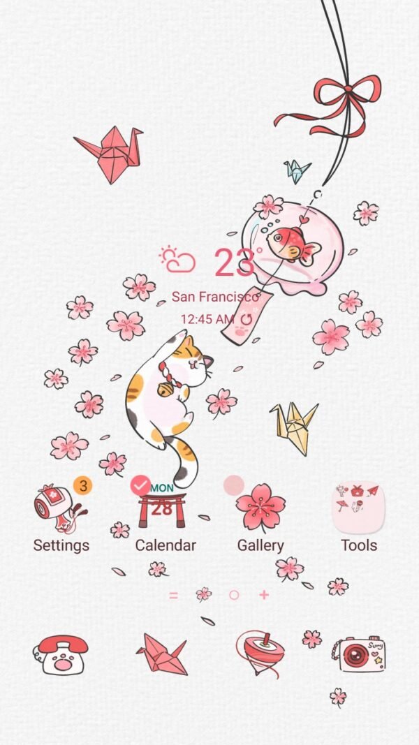 Samsung Themes: ❤️Mun❤️ Blossom Kitty ~❤️ Premium Theme a playful kitty amidst cherry blossoms