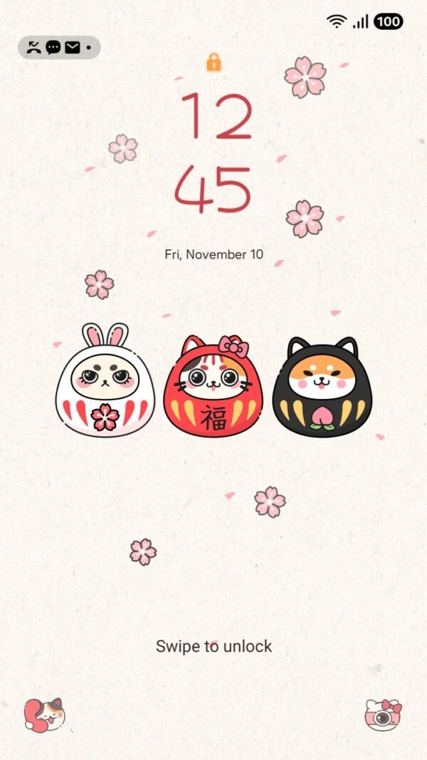 Samsung Themes: ❤️Mun❤️ Kawaii Daruma Doll ~❤️ Premium Theme with cute daruma doll and cherry blossoms screen shot 1