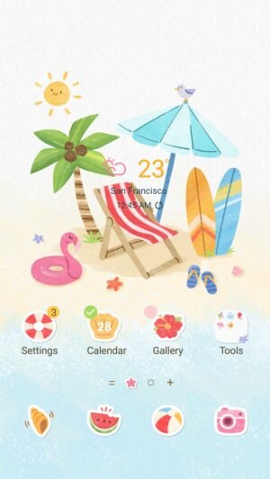 Samsung Themes: ❤️Mun❤️ Beach Getaway ~❤️ Premium Theme relaxing beach scene with umbrellas and surfboards screen shot 0