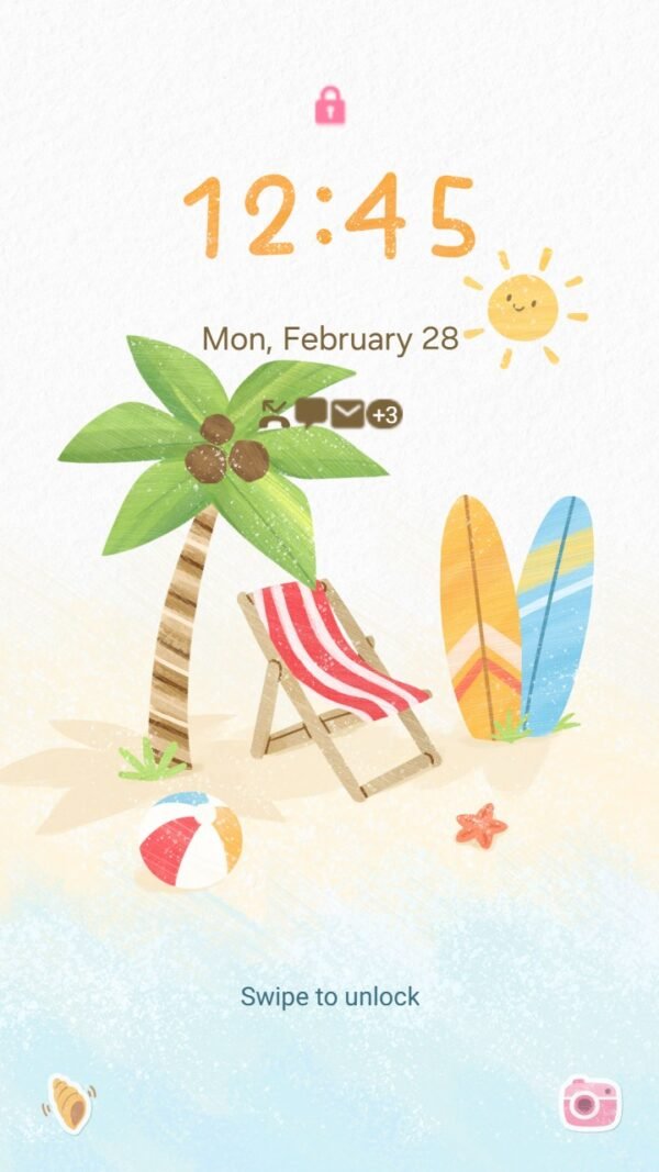 Samsung Themes: ❤️Mun❤️ Beach Getaway ~❤️ Premium Theme relaxing beach scene with umbrellas and surfboards screen shot 1