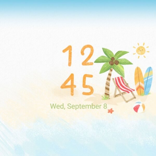 Samsung Themes: ❤️Mun❤️ Beach Getaway ~❤️ Premium Theme relaxing beach scene with umbrellas and surfboards screen shot 7
