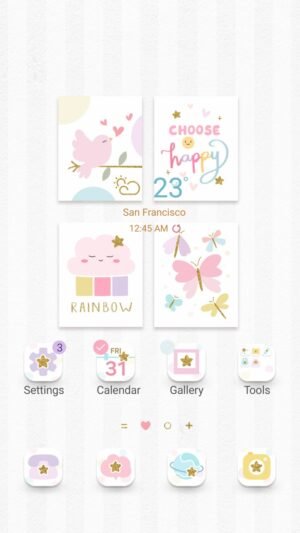 Samsung Themes: ❤️Mun❤️ Sweet Whimsy ~❤️ Premium Theme bird, happy message, rainbow cloud, and butterflies in soft harmony screen shot 0