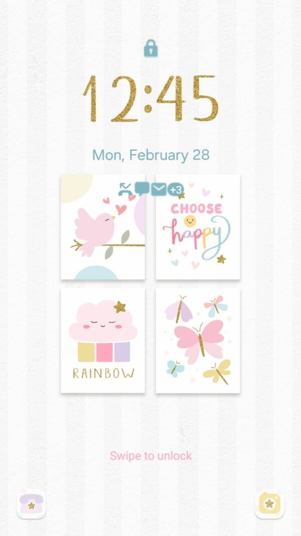 Samsung Themes: ❤️Mun❤️ Sweet Whimsy ~❤️ Premium Theme bird, happy message, rainbow cloud, and butterflies in soft harmony screen shot 1
