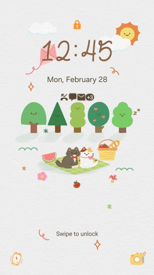 Samsung Themes: ❤️Mun❤️ Sunny Picnic ~❤️ Premium Theme a perfect day for a cozy picnic with cat couple screen shot 1