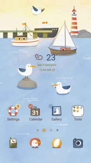 Samsung Themes: ❤️Mun❤️ Seaside Adventure ~❤️ Premium Theme a peaceful seascape with boats and seagulls screen shot 0