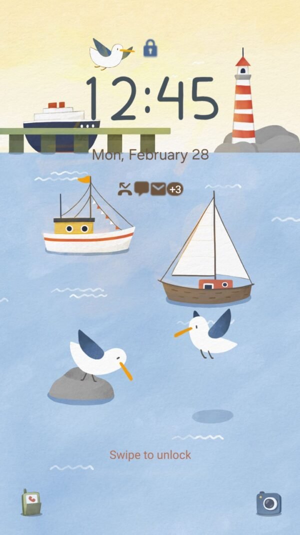 Samsung Themes: ❤️Mun❤️ Seaside Adventure ~❤️ Premium Theme a peaceful seascape with boats and seagulls screen shot 1