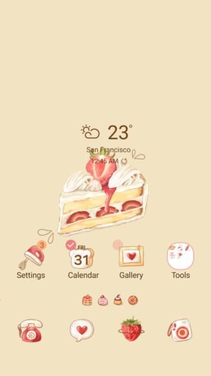 Samsung Themes: [Sim] Strawberry Cake ~ Premium Theme a strawberry shortcake slice with cream on light background screen shot 0