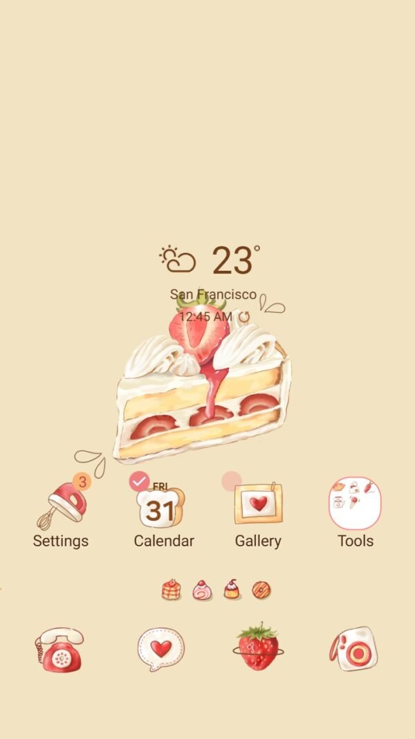 Samsung Themes: [Sim] Strawberry Cake ~ Premium Theme a strawberry shortcake slice with cream on light background screen shot 0