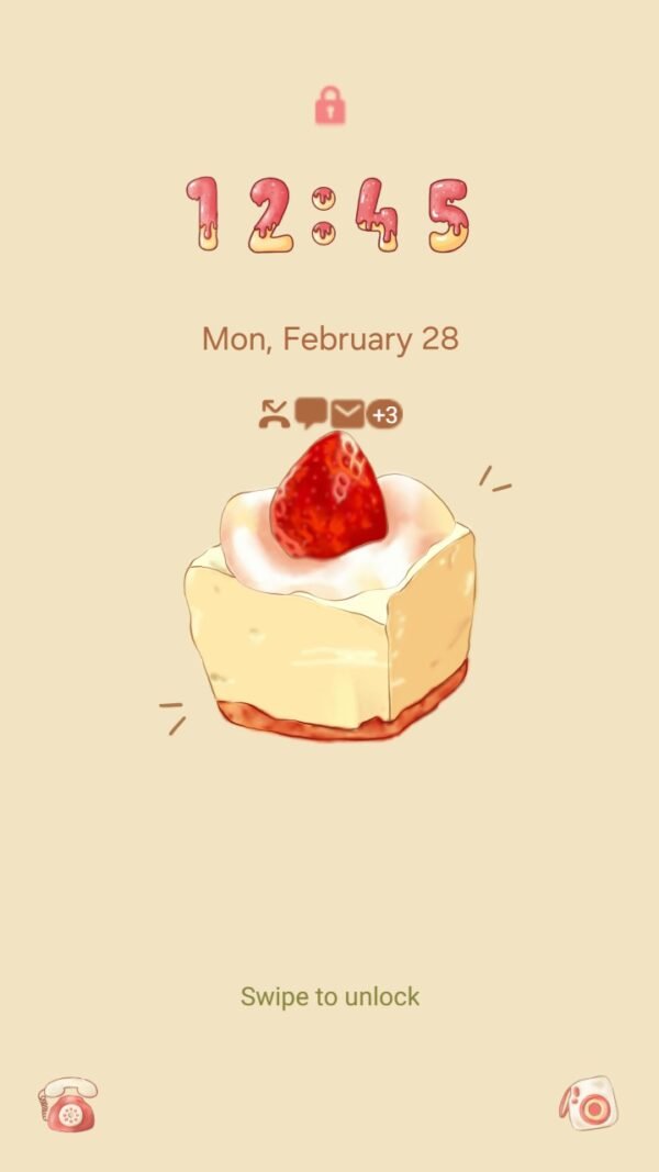 Samsung Themes: [Sim] Strawberry Cake ~ Premium Theme a strawberry shortcake slice with cream on light background screen shot 1
