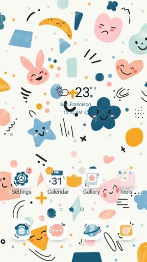 Samsung Themes: [Sim] Playful Pattern ~ Premium Theme cute shapes with happy and sad faces scattered around screen shot 0