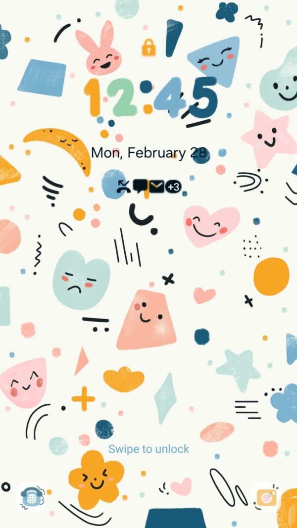 Samsung Themes: [Sim] Playful Pattern ~ Premium Theme cute shapes with happy and sad faces scattered around screen shot 1