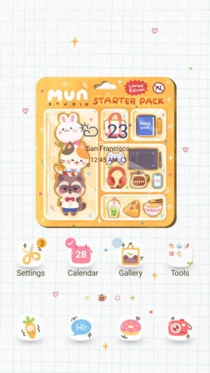 Samsung Themes: ❤️Mun❤️ Starter Pack ~❤️ Premium Theme a cute illustrated starter pack with characters, snacks, and cozy creative items screen shot 0