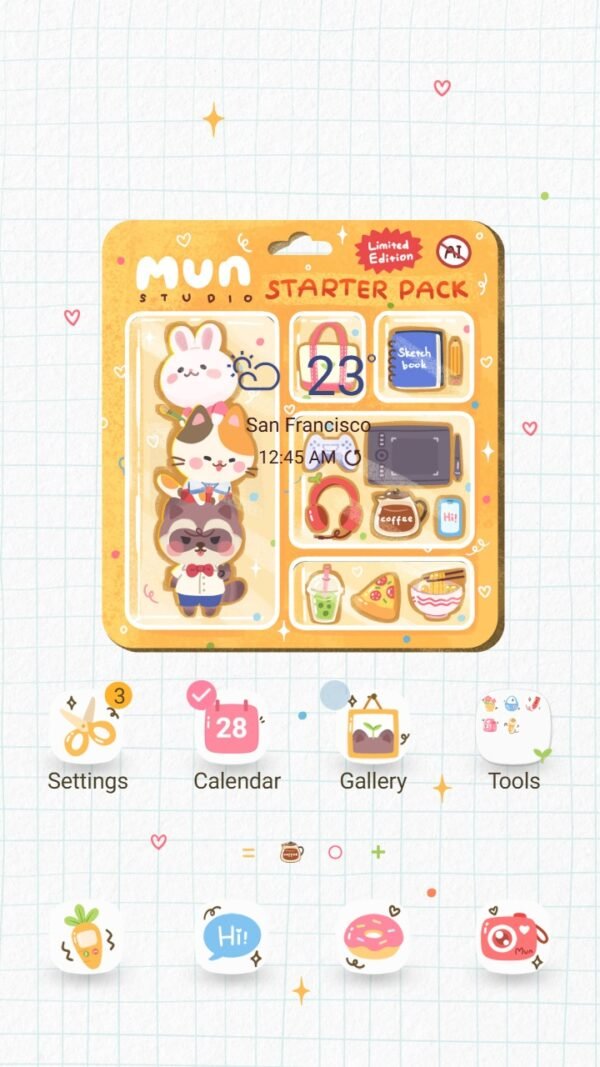 Samsung Themes: ❤️Mun❤️ Starter Pack ~❤️ Premium Theme a cute illustrated starter pack with characters, snacks, and cozy creative items screen shot 0
