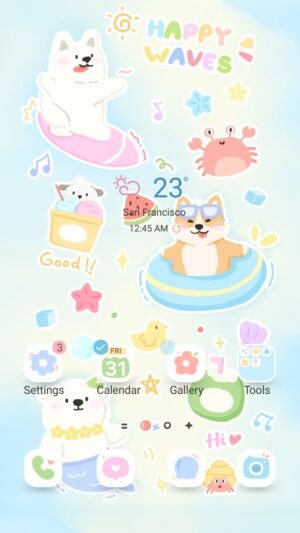 Samsung Themes: ❤️Mun❤️ Happy Waves ~❤️ Premium Theme cute animals enjoying summer fun at the beach screen shot 0