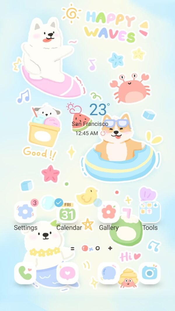 Samsung Themes: ❤️Mun❤️ Happy Waves ~❤️ Premium Theme cute animals enjoying summer fun at the beach screen shot 0