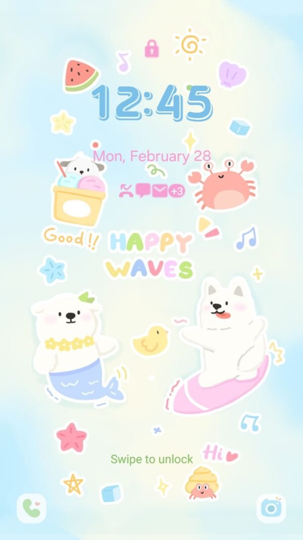 Samsung Themes: ❤️Mun❤️ Happy Waves ~❤️ Premium Theme cute animals enjoying summer fun at the beach screen shot 1