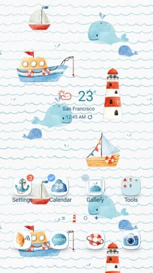 Samsung Themes: ❤️Mun❤️ Nautical Adventure Theme ~❤️ Premium Theme cute whales and boats on wavy seas screen shot 0