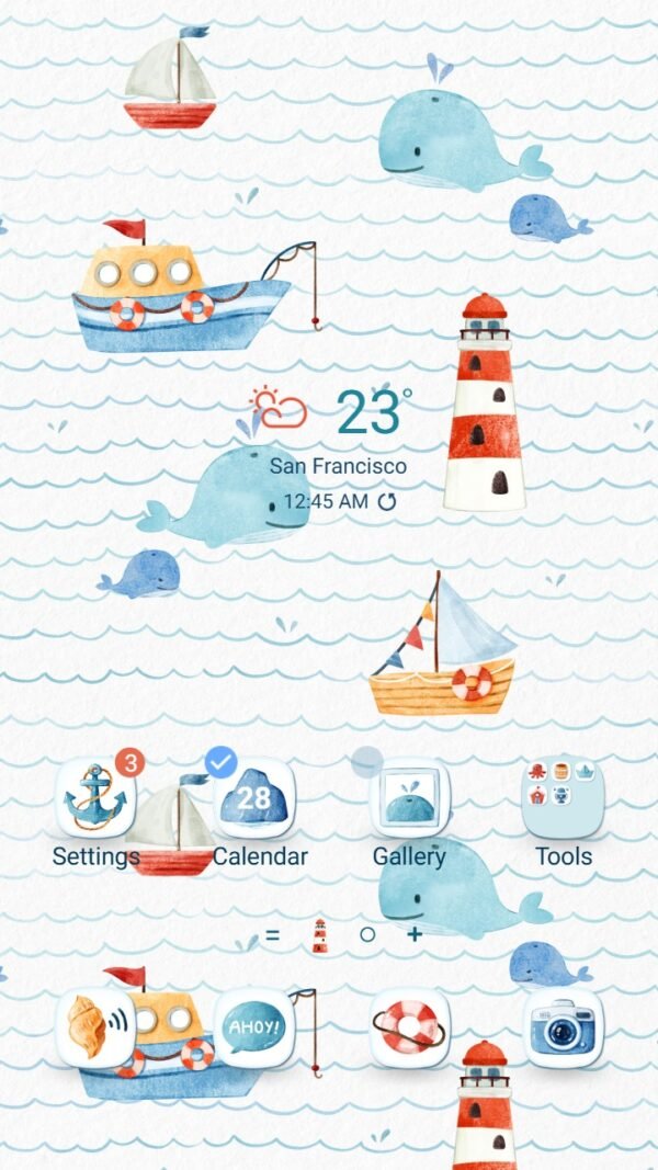 Samsung Themes: ❤️Mun❤️ Nautical Adventure Theme ~❤️ Premium Theme cute whales and boats on wavy seas screen shot 0