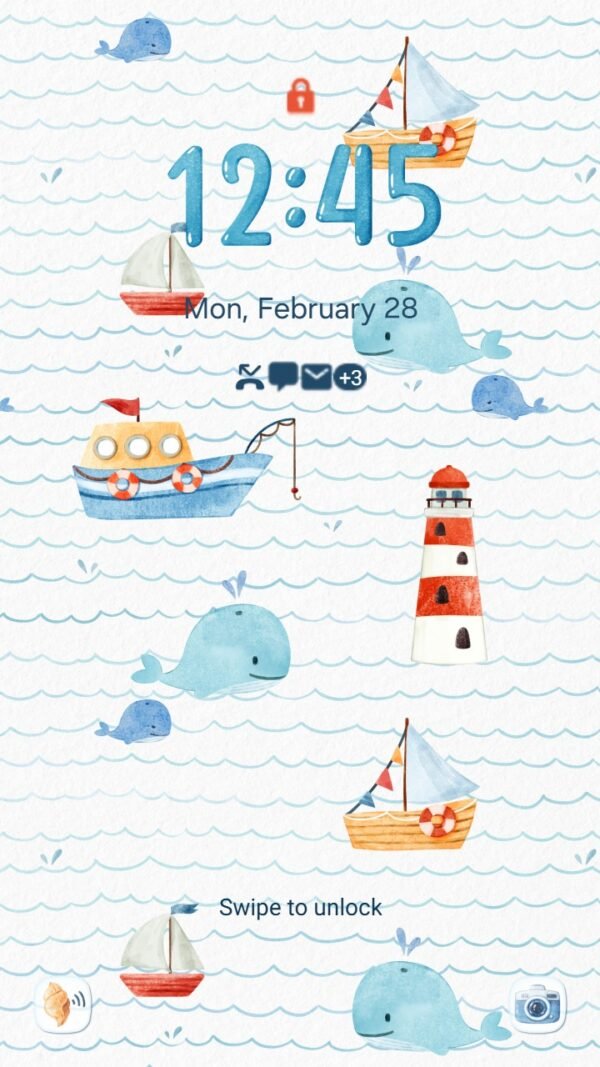 Samsung Themes: ❤️Mun❤️ Nautical Adventure Theme ~❤️ Premium Theme cute whales and boats on wavy seas screen shot 1
