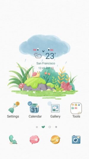 Samsung Themes: ❤️Mun❤️ Rainy Garden ~❤️ Premium Theme a smiling cloud rains on a garden with a snail and colorful plants screen shot 0