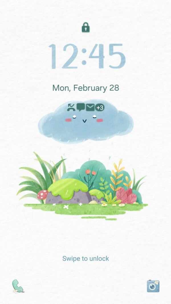 Samsung Themes: ❤️Mun❤️ Rainy Garden ~❤️ Premium Theme a smiling cloud rains on a garden with a snail and colorful plants screen shot 1