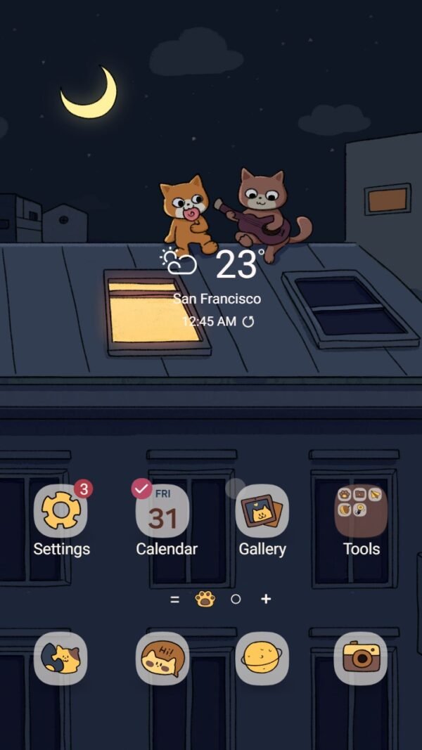 Samsung Themes: ❤️Mun❤️ Moonlit Rooftop ~❤️ Premium Theme two cats gaze out a rooftop window under a glowing crescent moon screen shot 0