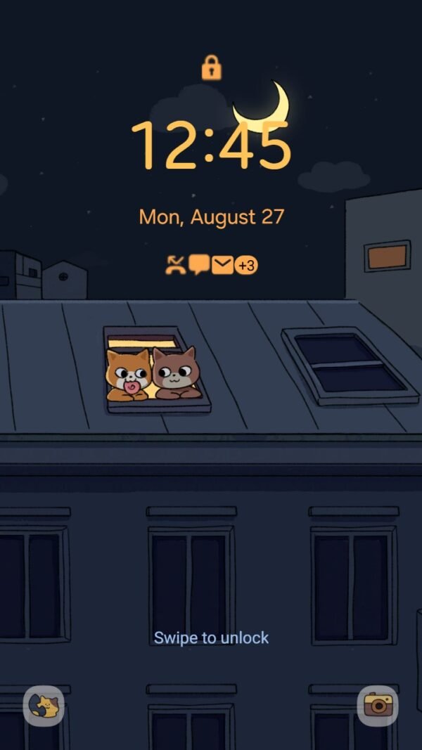 Samsung Themes: ❤️Mun❤️ Moonlit Rooftop ~❤️ Premium Theme two cats gaze out a rooftop window under a glowing crescent moon screen shot 1