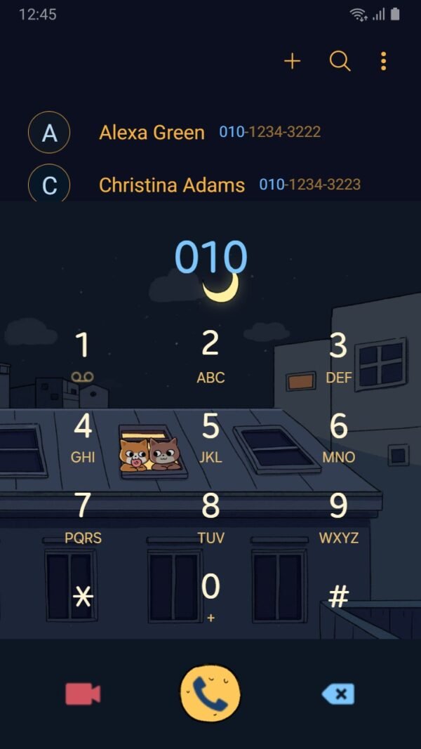 Samsung Themes: ❤️Mun❤️ Moonlit Rooftop ~❤️ Premium Theme two cats gaze out a rooftop window under a glowing crescent moon screen shot 2