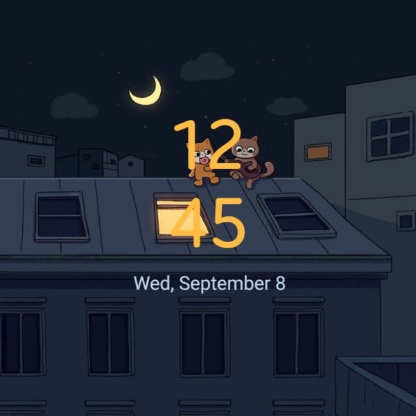 Samsung Themes: ❤️Mun❤️ Moonlit Rooftop ~❤️ Premium Theme two cats gaze out a rooftop window under a glowing crescent moon screen shot 7