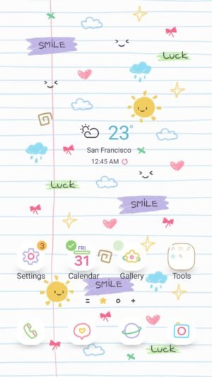Samsung Themes: ❤️Mun❤️ Happy Notes ~❤️ Premium Theme fun and playful doodles with positive words on lined notebook paper screen shot 0