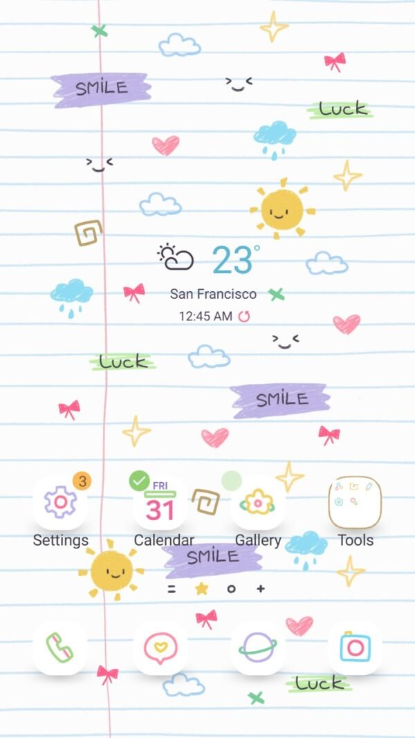 Samsung Themes: ❤️Mun❤️ Happy Notes ~❤️ Premium Theme fun and playful doodles with positive words on lined notebook paper screen shot 0