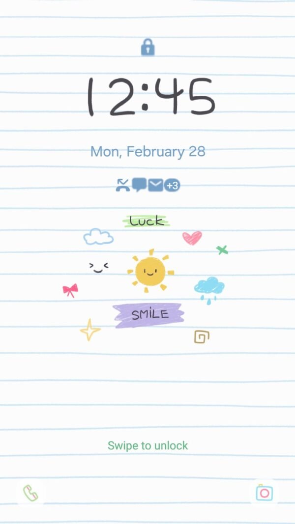 Samsung Themes: ❤️Mun❤️ Happy Notes ~❤️ Premium Theme fun and playful doodles with positive words on lined notebook paper screen shot 1