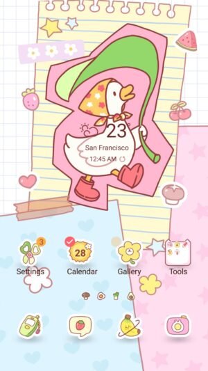 Samsung Themes: ❤️Mun❤️ Duck Stroll ~❤️ Premium Theme cheerful duck in a bonnet walking across layered pastel paper with doodles screen shot 0
