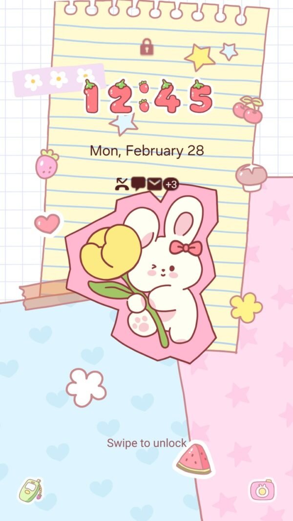 Samsung Themes: ❤️Mun❤️ Duck Stroll ~❤️ Premium Theme cheerful duck in a bonnet walking across layered pastel paper with doodles screen shot 1