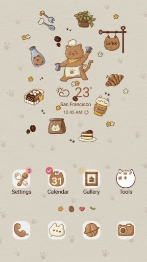 Samsung Themes: [Sim] Coffee Cat ~ Premium Theme a cute barista cat serves coffee and pastries in a cozy cafe scene screen shot 0