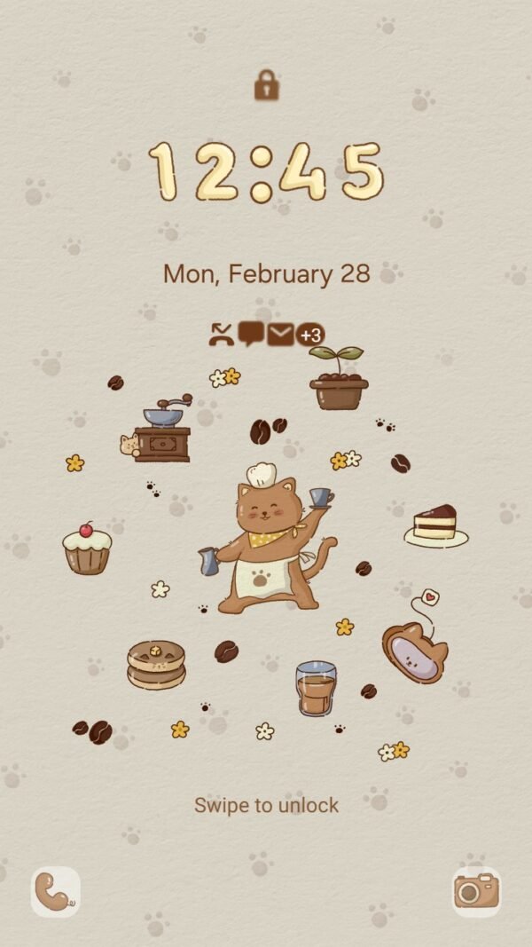 Samsung Themes: [Sim] Coffee Cat ~ Premium Theme a cute barista cat serves coffee and pastries in a cozy cafe scene screen shot 1