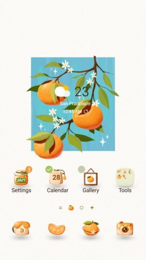 Samsung Themes: ❤️Mun❤️ Citrus Charm ~❤️ Premium Theme juicy tangerines and blossoms shine against a refreshing blue background screen shot 0