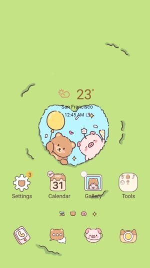 Samsung Themes: [Sim] Heart Glimpse ~ Premium Theme a lovely moment of a bear and pig through a heart-shaped frame screen shot 0