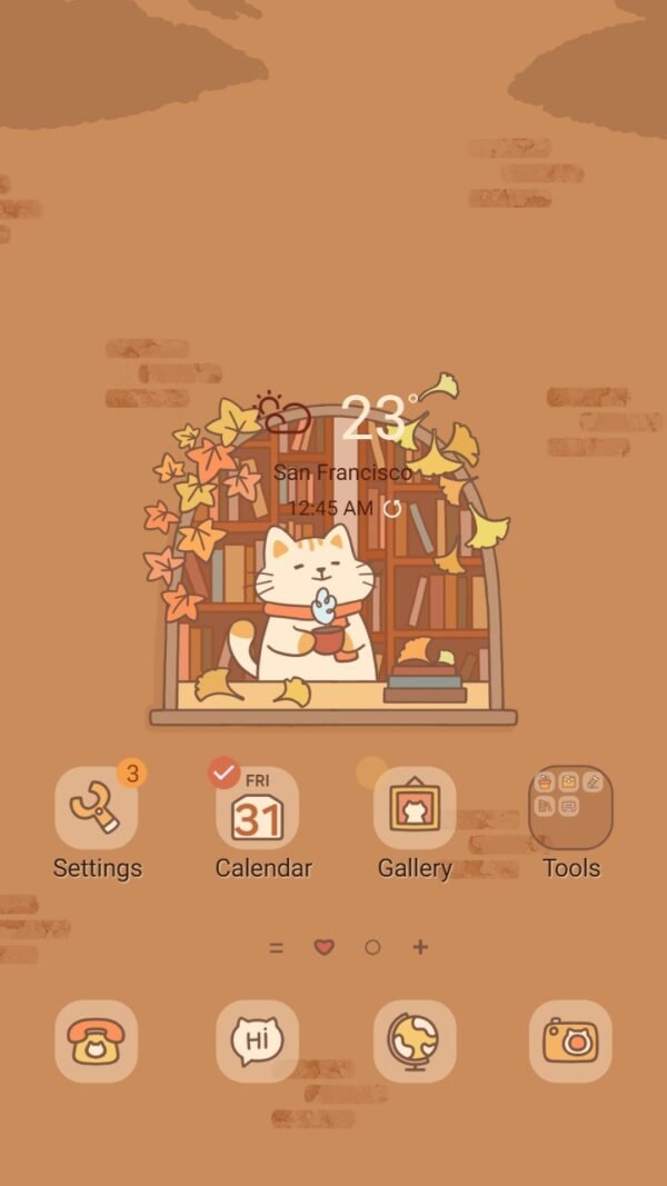 Samsung Themes: ❤️Mun❤️ Cozy Autumn ~❤️ Premium Theme a cute cat with a scarf in a bookshelf window screen shot 0